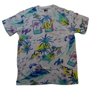 MTV Mens Spring Break Tropical Palm Trees Graphic White Shirt New Medium